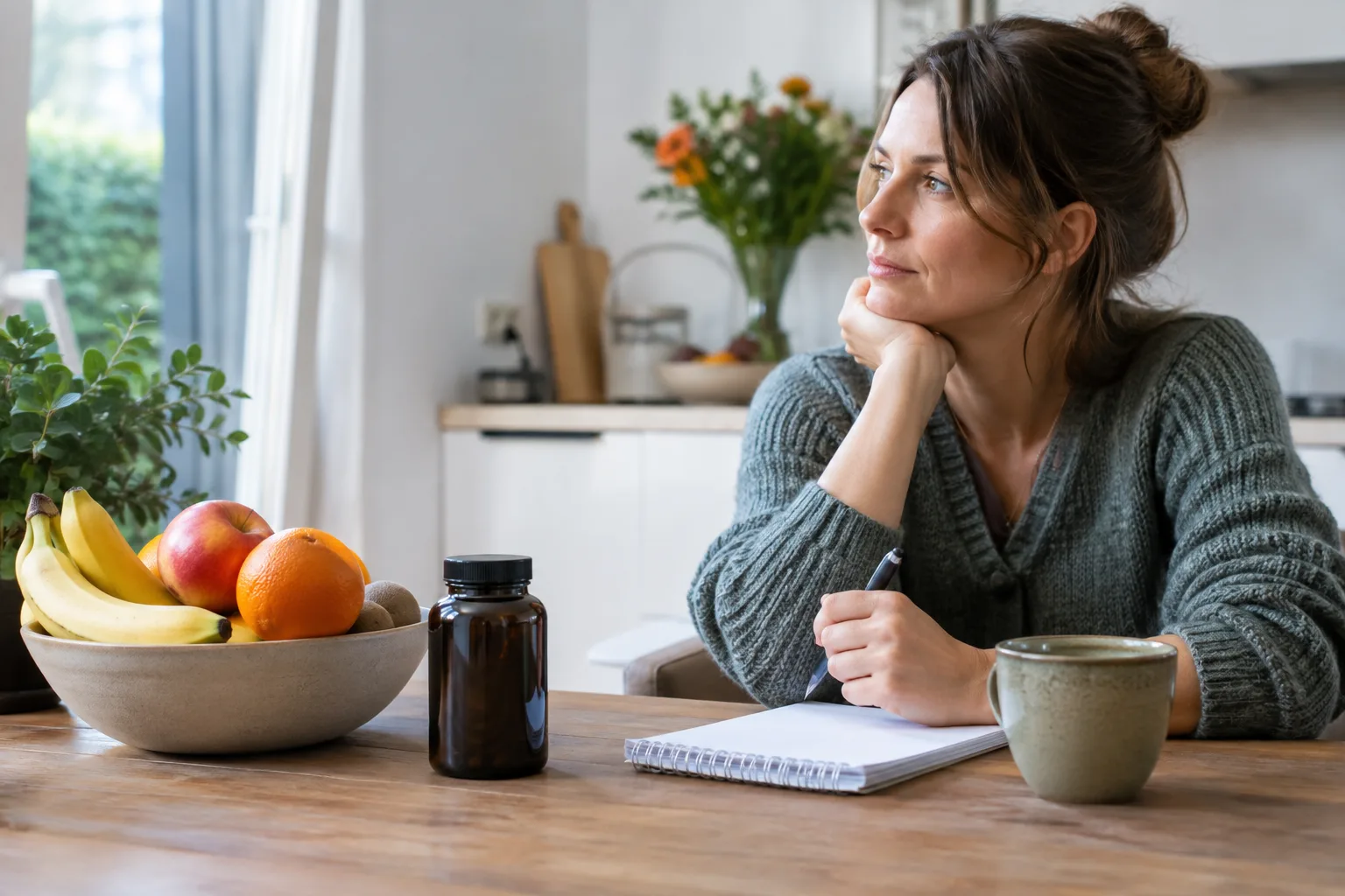 Een ongeëtiketteerd supplementpotje staat gesloten naast een gevarieerde fruitschaal en een notitieboek, geen pillen innemen.