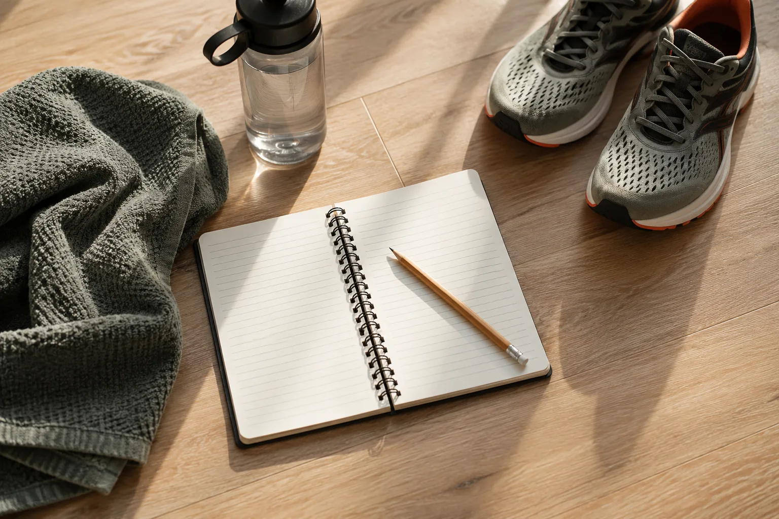Bovenaanzicht van een trainingsnotitieboek, potlood, handdoek en hardloopschoenen op een lichte houten vloer.
