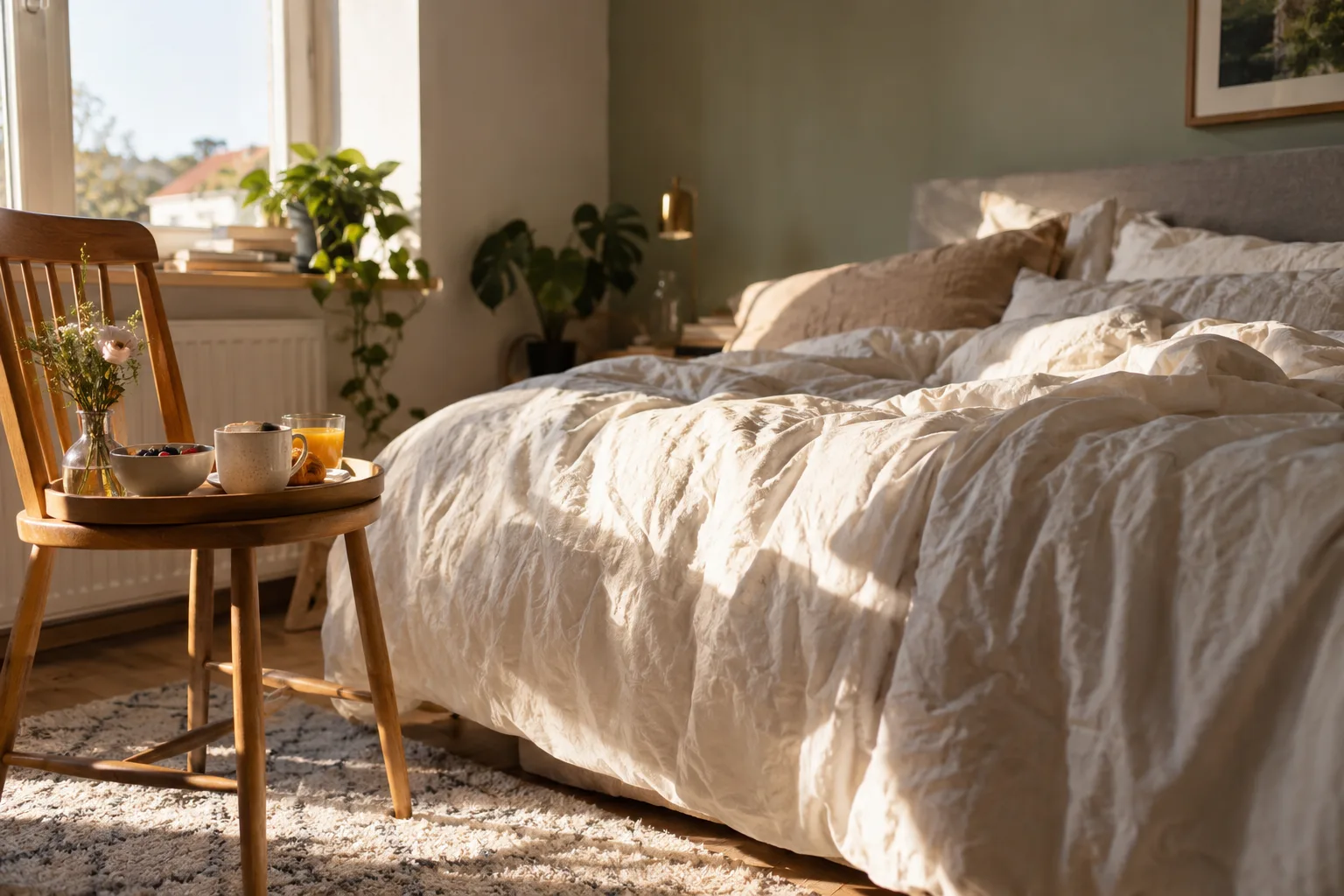 Een onopgemaakt bed met zachte zon over het dekbed; een ontbijtblad staat klaar op een stoel naast het bed.