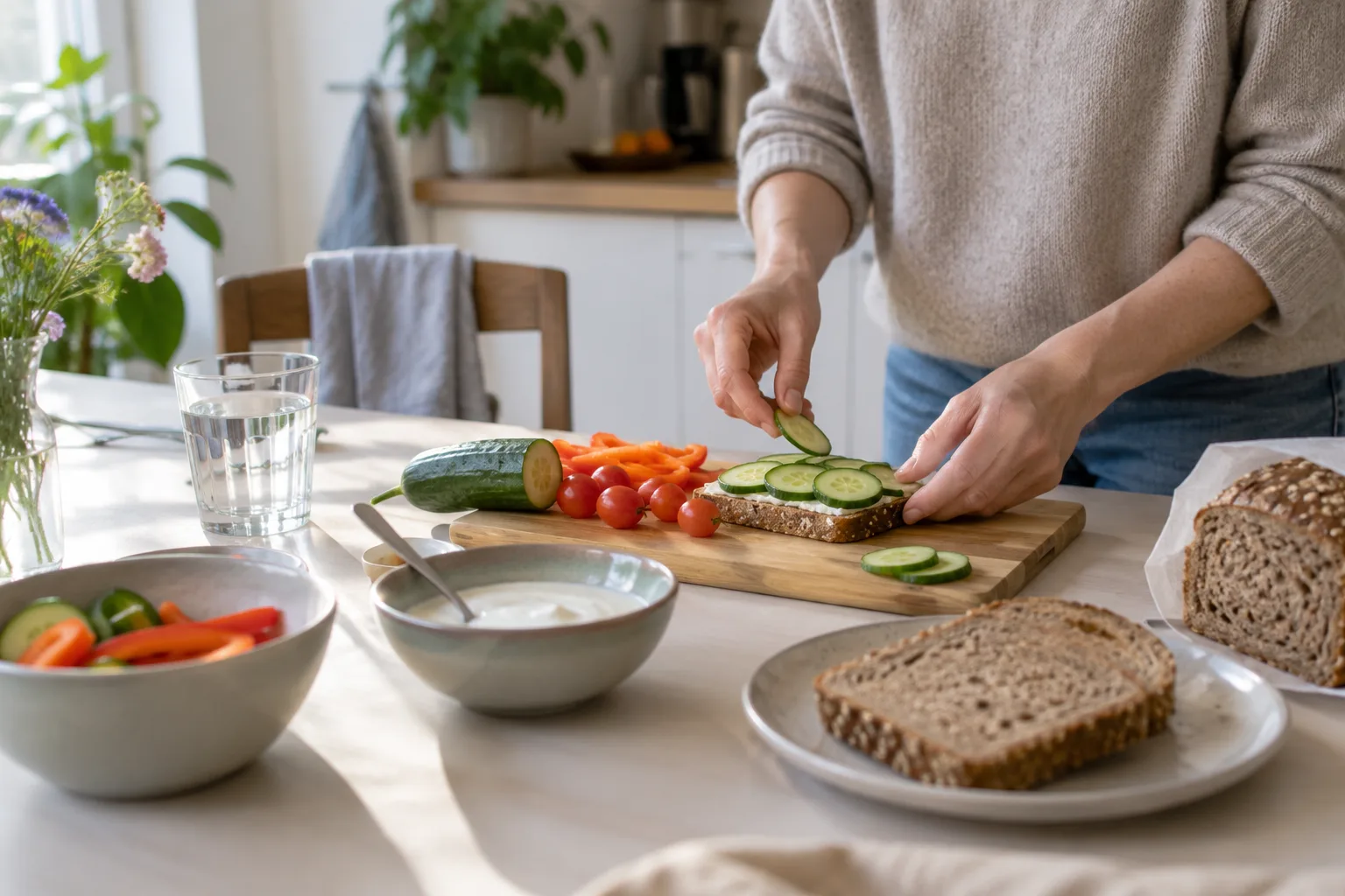 Een eenvoudige maaltijd wordt klaargezet met volkorenbrood, gesneden groenten en yoghurt op een lichte keukentafel.