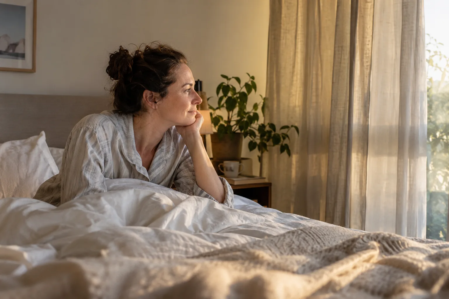Een vrouw kijkt in de vroege ochtend vanuit haar bed naar zacht licht langs de gordijnen.