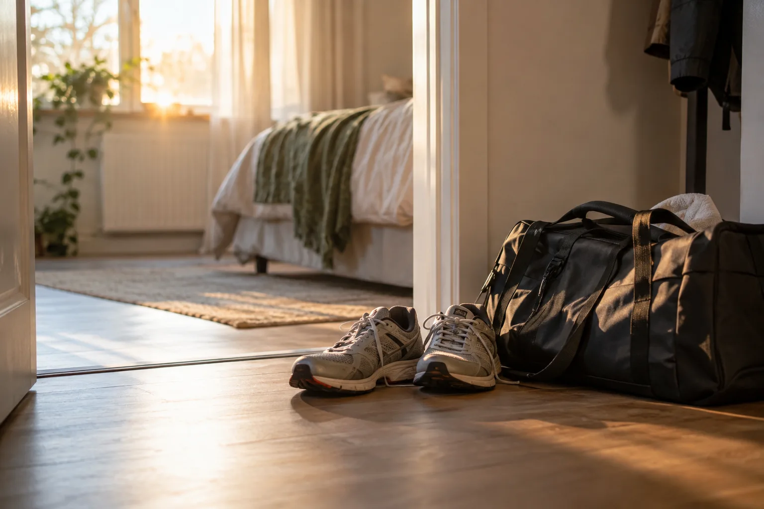 Een paar sportschoenen en een sporttas bij een slaapkamerdeur, terwijl zachte vroege zon door de gordijnen valt.