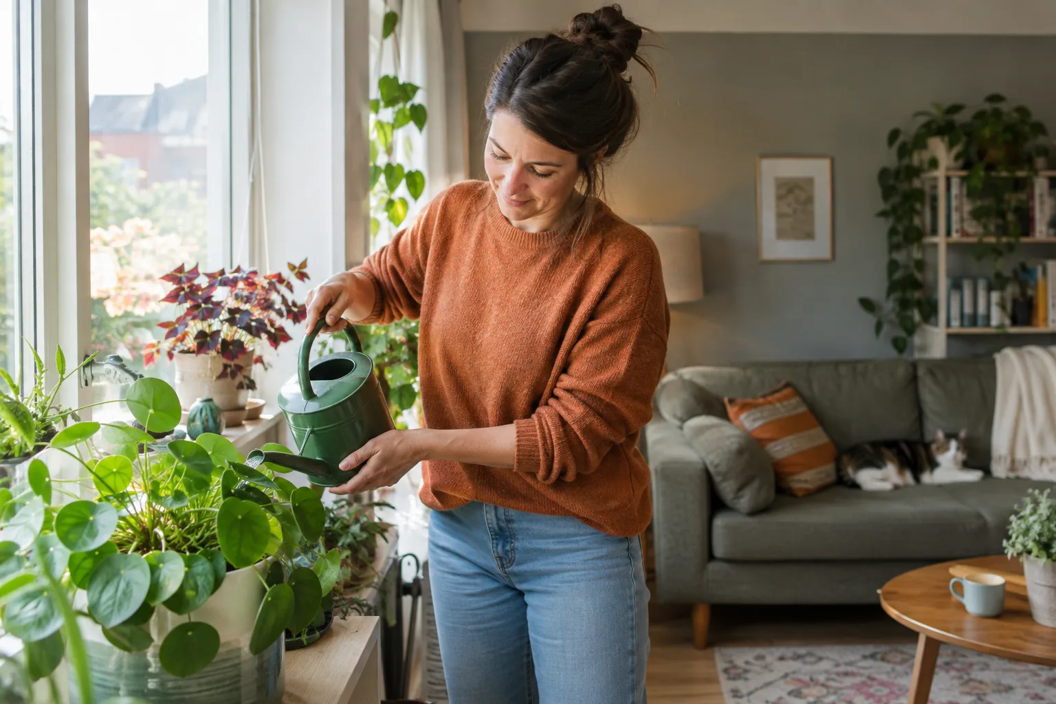 Een vrouw geeft kamerplanten water in een lichte woonkamer: een concrete alledaagse bezigheid, zonder triomfantelijke pose.