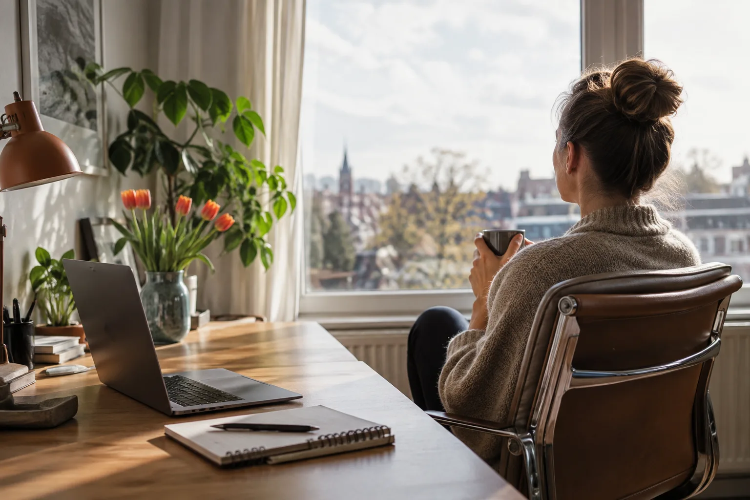 Een vrouw draait tijdens een werkpauze haar stoel naar het raam, naast een gesloten laptop.