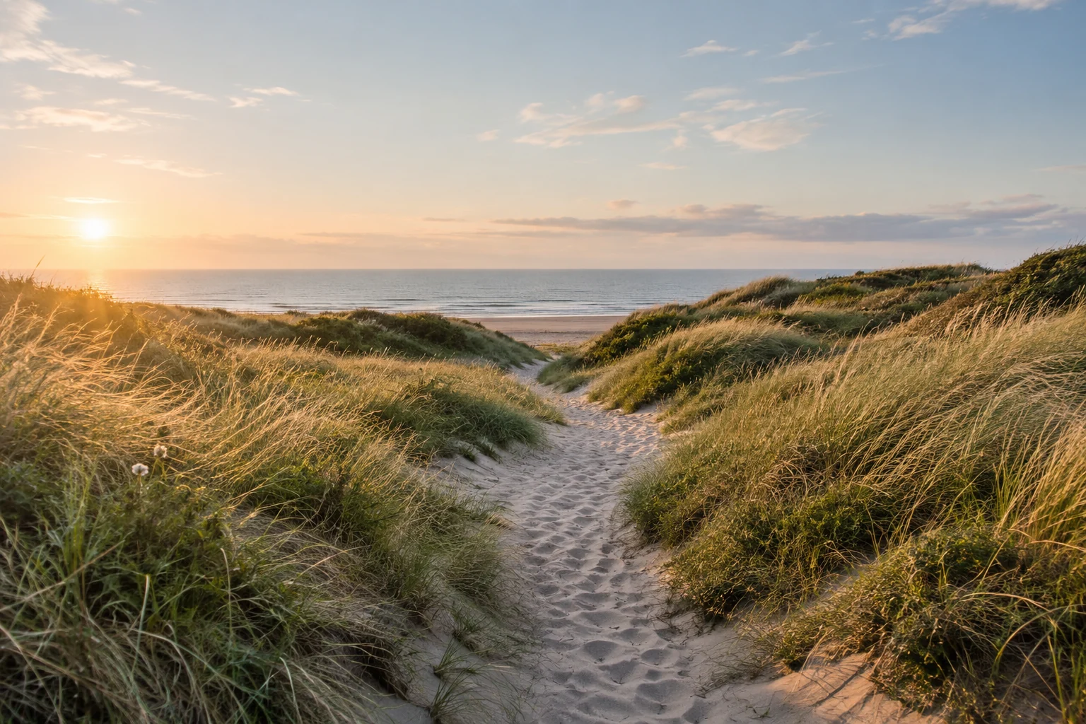 Sunny dune path overlooking the sea and warm golden grass