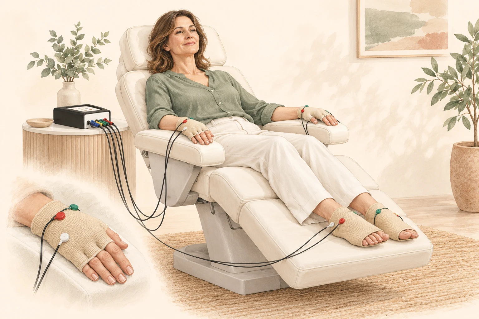 Getekende NESA-sessie: een vrouw zit ontspannen in een behandelstoel. Elektroden bij haar handen en voeten zijn verbonden met een apparaat. Een handdetail laat de aansluiting zien.